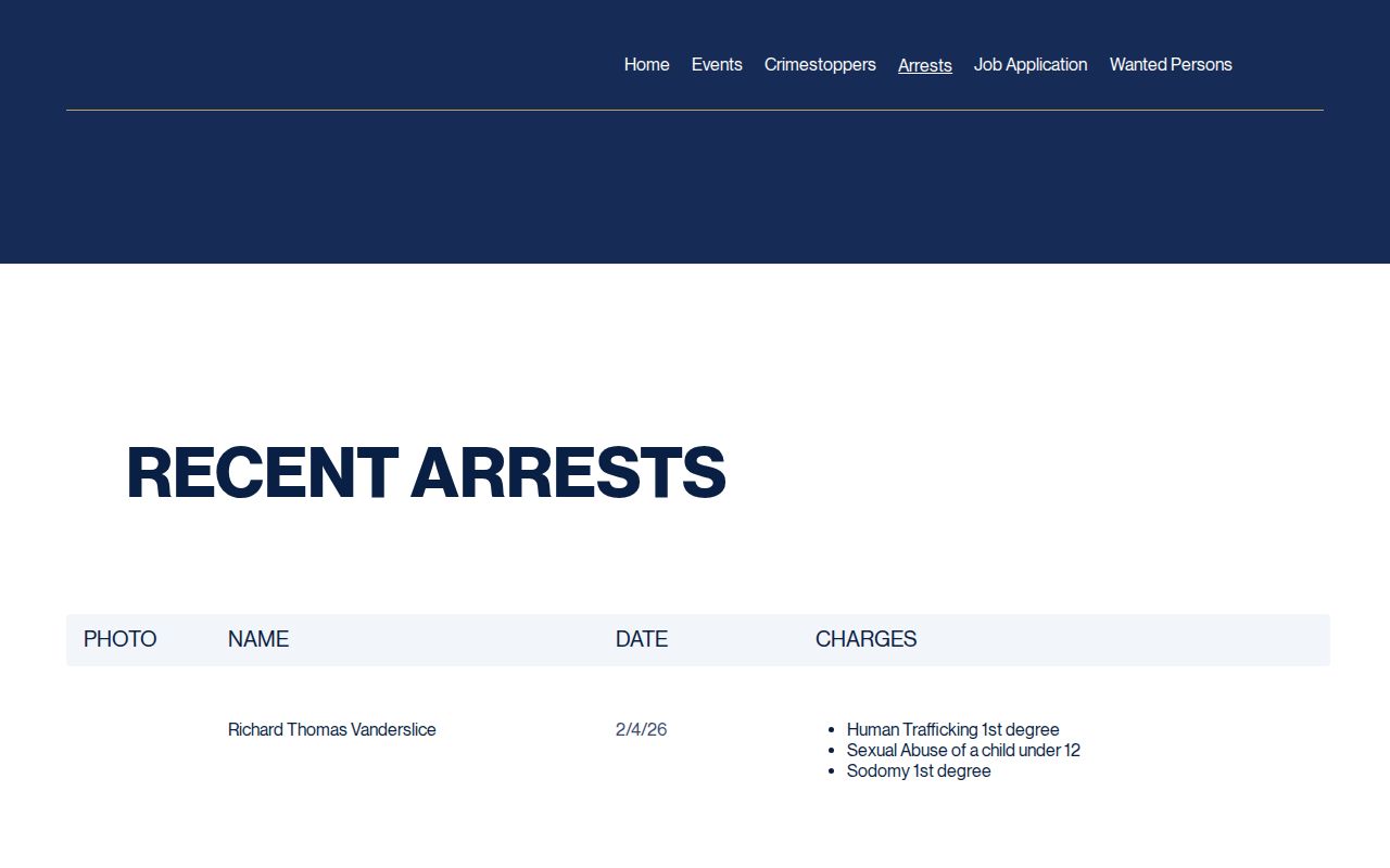 Uniontown Police Department official Recent Arrests page with labeled photo name date and charges fields