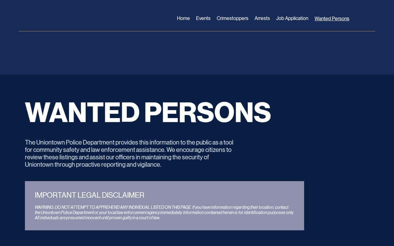 Uniontown Police Department official Wanted Persons page with public safety warning and tip information
