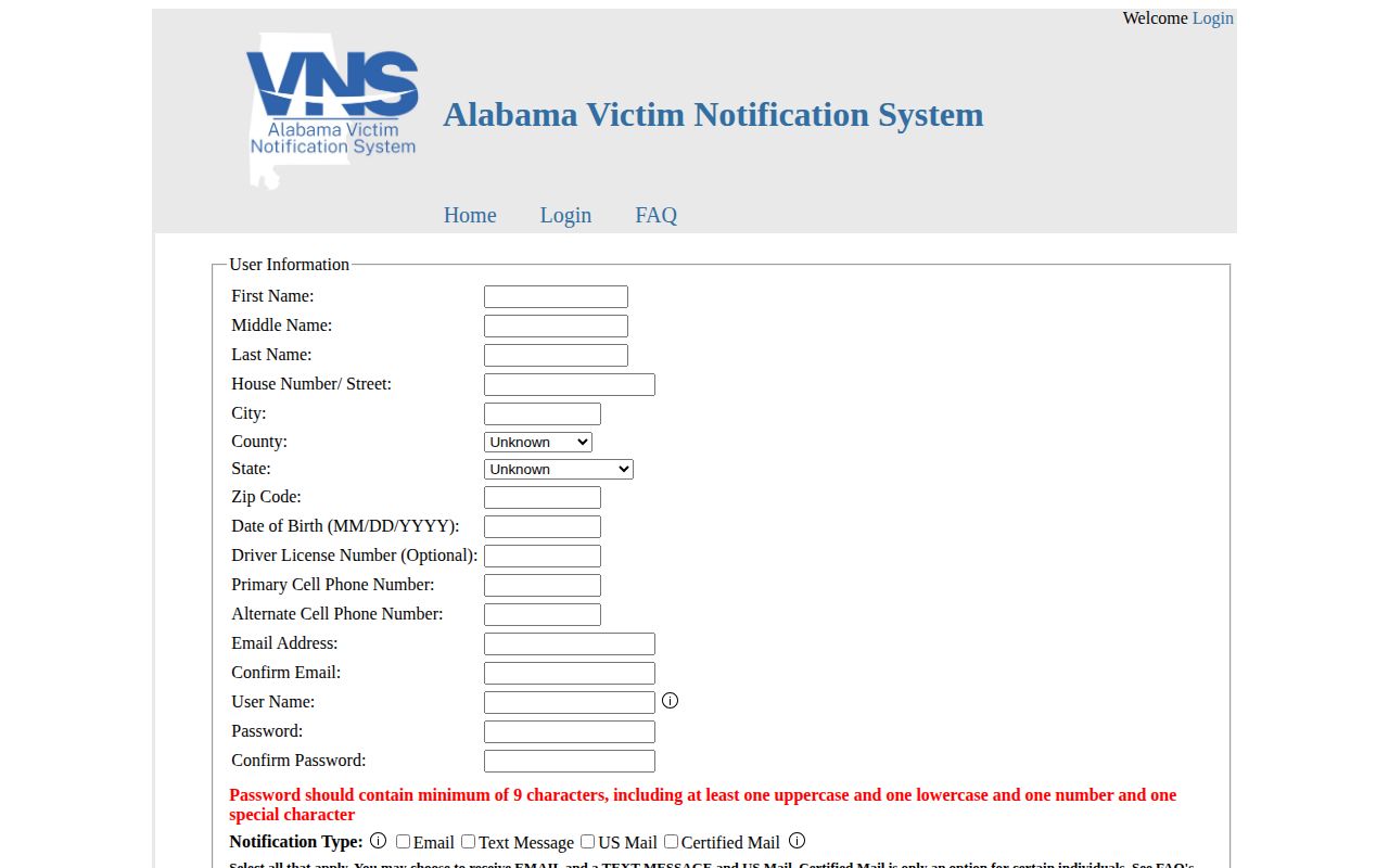 Alabama VNS registration form for sentenced state custody alerts