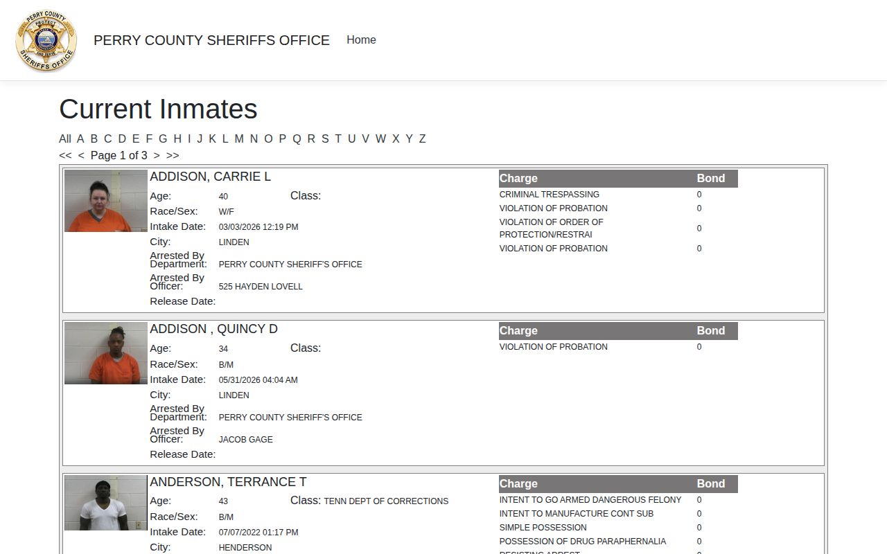 Official Perry County current inmates roster and alphabetical filters