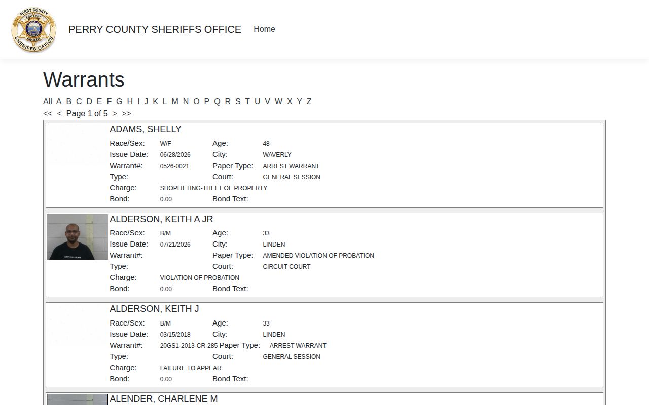 Perry County iSOMS warrant search with alphabetical filters